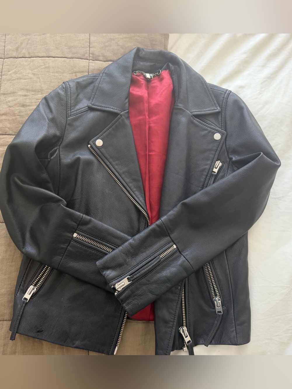 Black Leather Biker Jacket with Red Lining